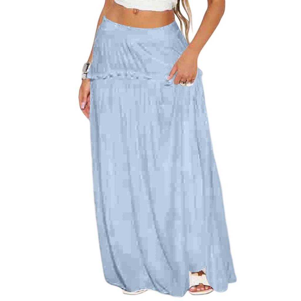 Women's Casual High Waist Maxi Skirt Elastic Waistband Solid Color Ruffle Hem Stretchy Bodycon Skirt for Daily Wear