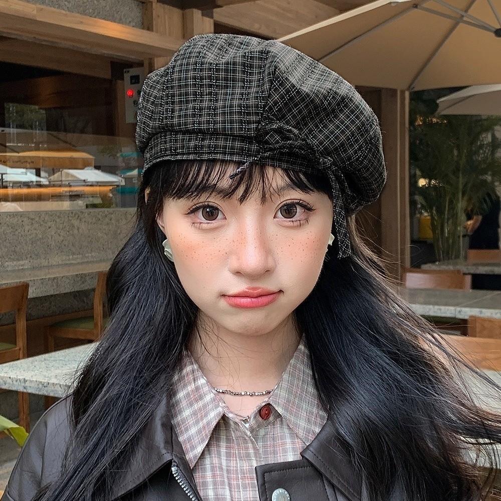 Korean Style Plaid Beret Hat Bow Women Octagonal Cap Cool Women Painter Hat  Outdoor