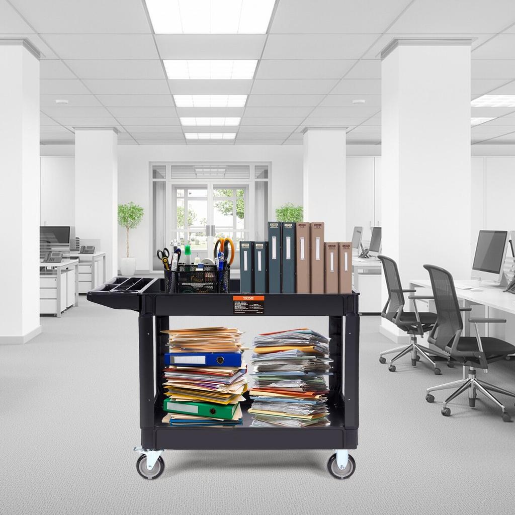 Utility Service Cart, 2 Shelf 550LBS Heavy Duty Plastic Rolling Utility Cart with 360° Swivel Wheels (2 with Brakes), Large Lipped Shelf, Ergonomic