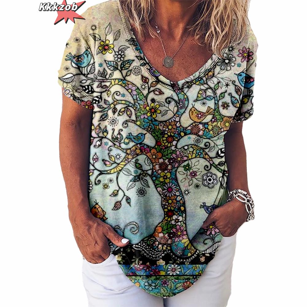 Vintage Print Top Women Short Sleeved Streetwear Summer Tee Women's Fashion Casual V Neck T Shirts Y2k Oversized Female Clothing