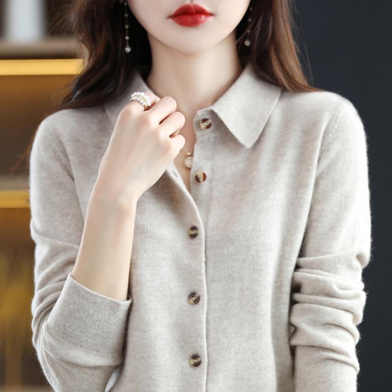 Spring Lapel Knitted Shirt with Loose Long-sleeved Sweater, New Cardigan Temperament Lapel Jacket As a Base