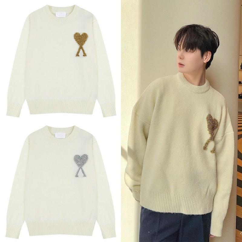 Unisex Chunky Knit Cardigan With Gold Thread Heart Motif Loose Fit Crew Neck Sweater Winter