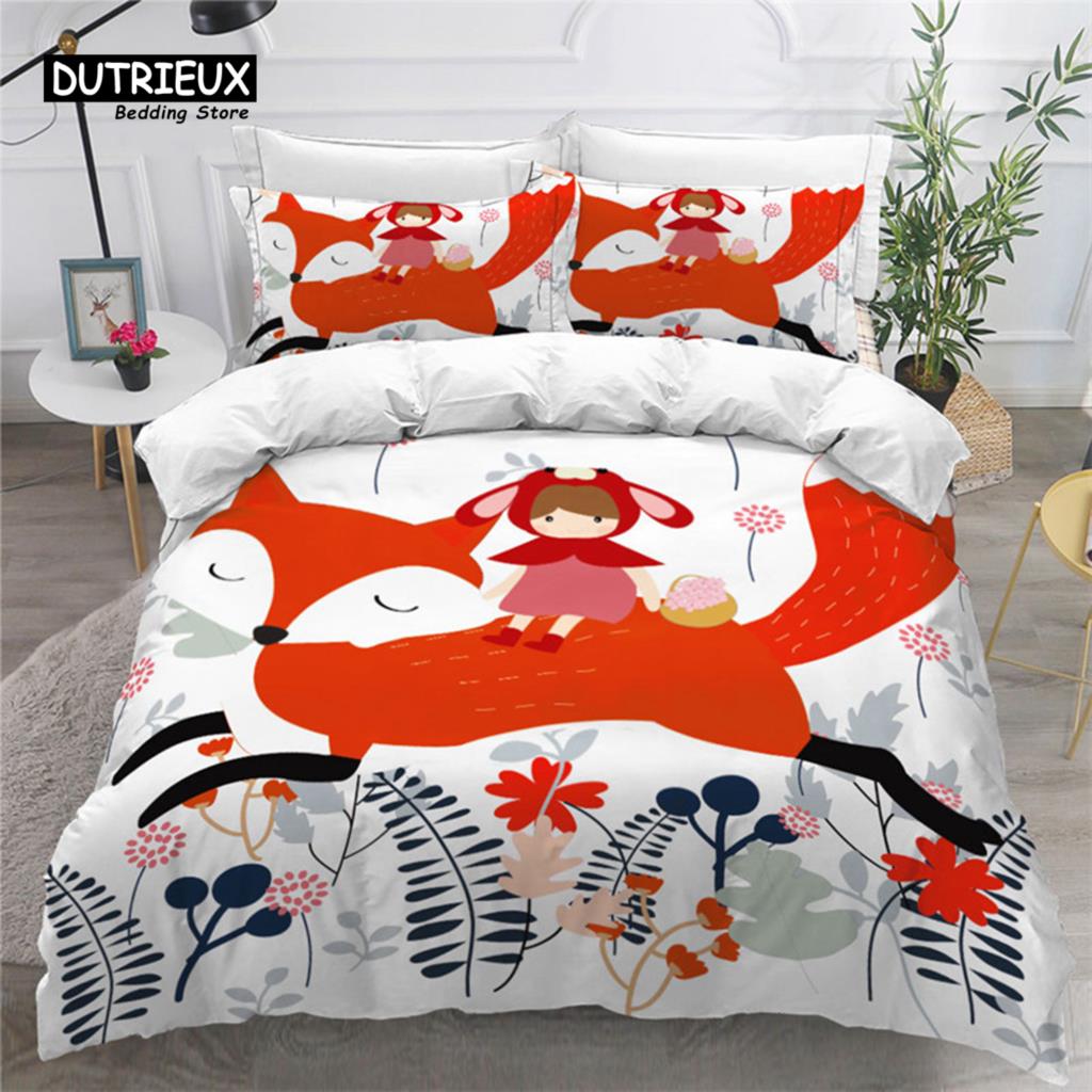 Kids Cartoon Fox Duvet Cover Microfiber Bedding Set Lovely Animal Theme Comforter Cover King For Kids Adults Girls Bedroom Decor