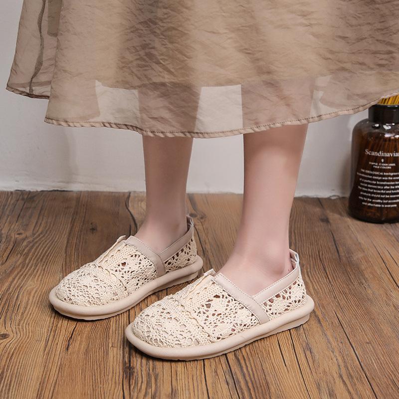 

Fashion 2025 New Summer Hollow Breathable Mesh Ladies Shoes Fashionable Baotou Women s Sandals Literary Retro minimalist Flat Shoes 35 абрикосовый