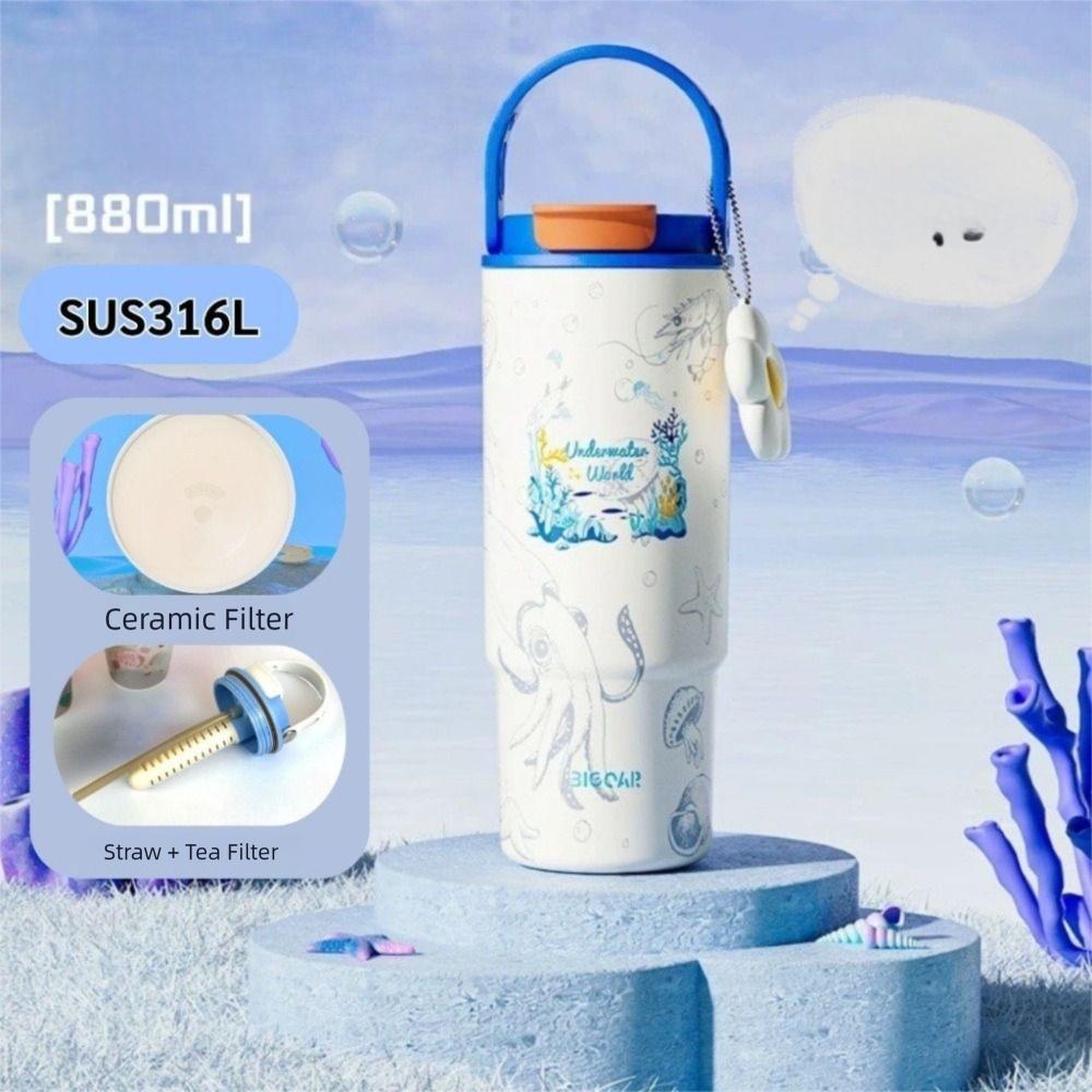 New 880ml Thermal Cup Ocean Pattern Large Capacity Vacuum Cup with Handle Ceramic Liner Insulated Cup Travel