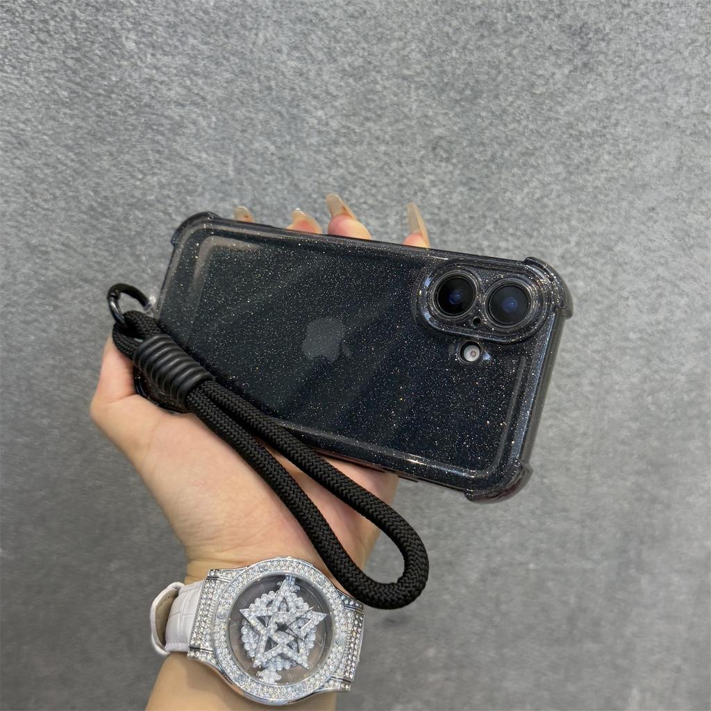 Soft Transparent With Lanyard Phone Case For iPhone 11 12 13 14 15 16 Pro Max Plus 16E Glitter Silicone Shockproof Bumper Cover