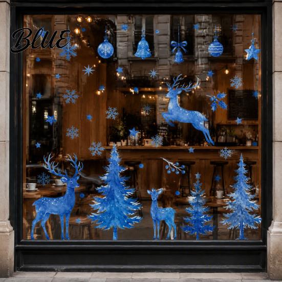 Fresh Watercolor Style Window Art Christmas Sticker Non Adhesive Blue Elk Snowflake Tree Removable PVC Holiday Decorations Wall Decal Static