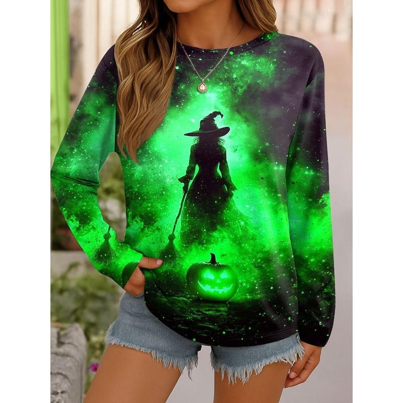 Women Casual Long Sleeve Tops Halloween Theme Witch Graphic Tee Shirts Blouse Crewneck Fall Winter Streetwear Style Y2k Pullover