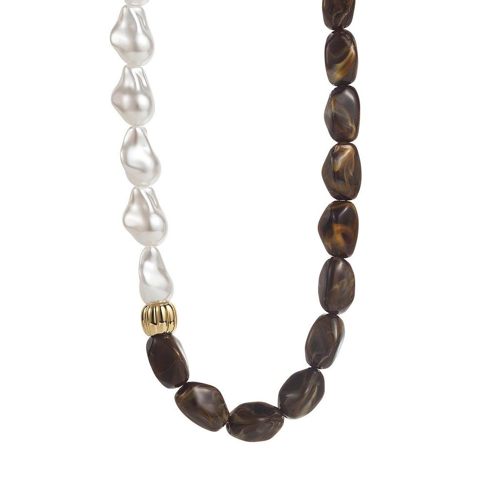 Retro Color Block Beaded Geometric Necklace with Pearl Resin Clavicle Chain