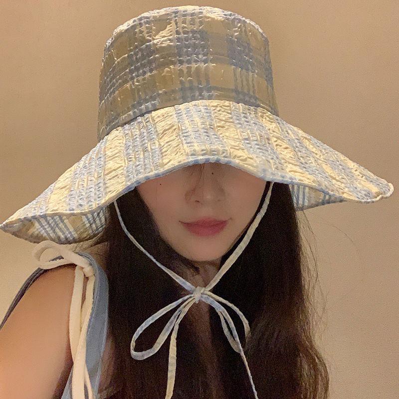 Korean Plaid Bucket Hat for Women Summer Sunshade Fisherman Cap Outdoor Beach Large Brim Panama Sun Hats