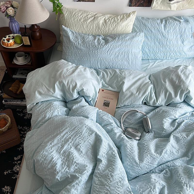 Seersucker Cloud Cotton 4Pcs Set Solid Color Bed Sheet Mattress Quilt Cover 3Pcs Set