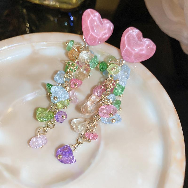 Silver Needle Colored Glazed Flower Love Earrings Sweet Small Fresh Versatile Earrings Cute Girl Heart Earrings
