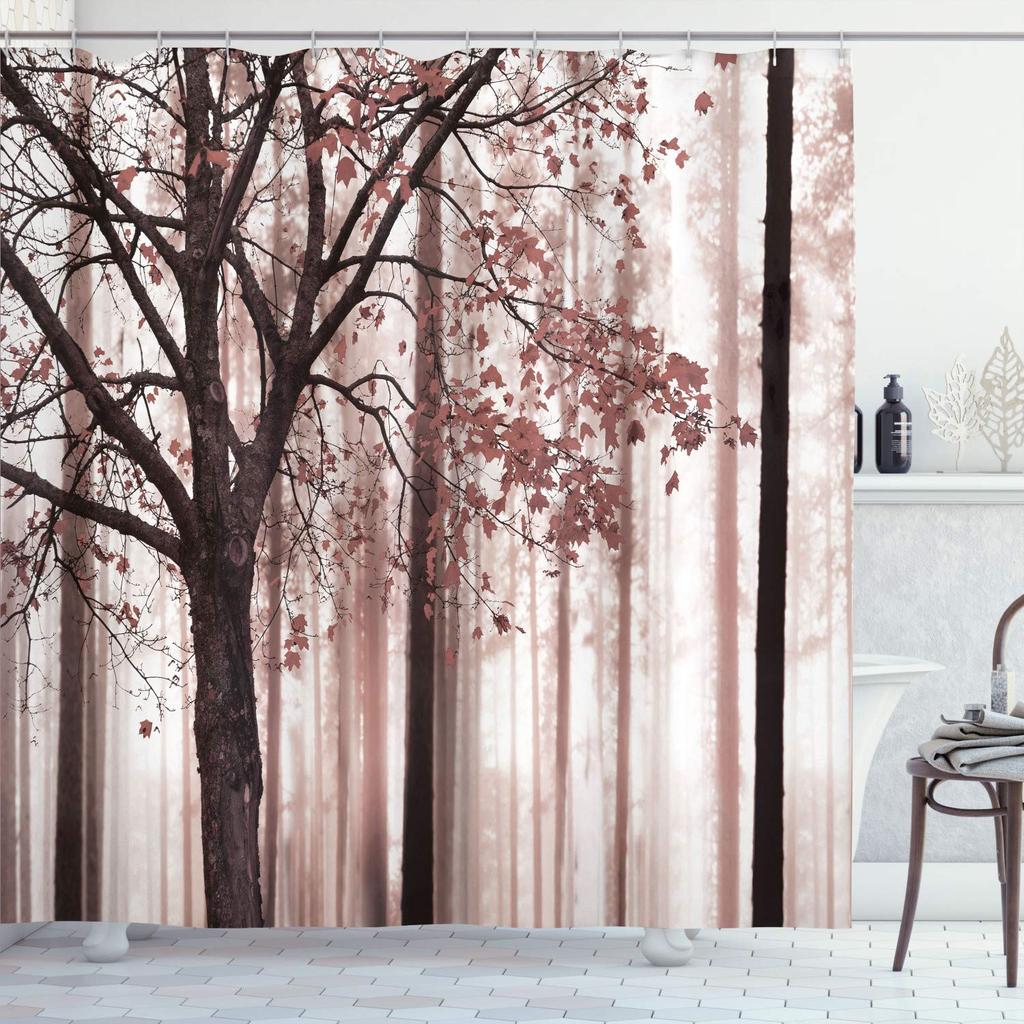 Autumn Shower Curtain,Fall Season Theme Forest Tree Leaves on An Abstract Woodland Background Bathroom Curtains with Hooks