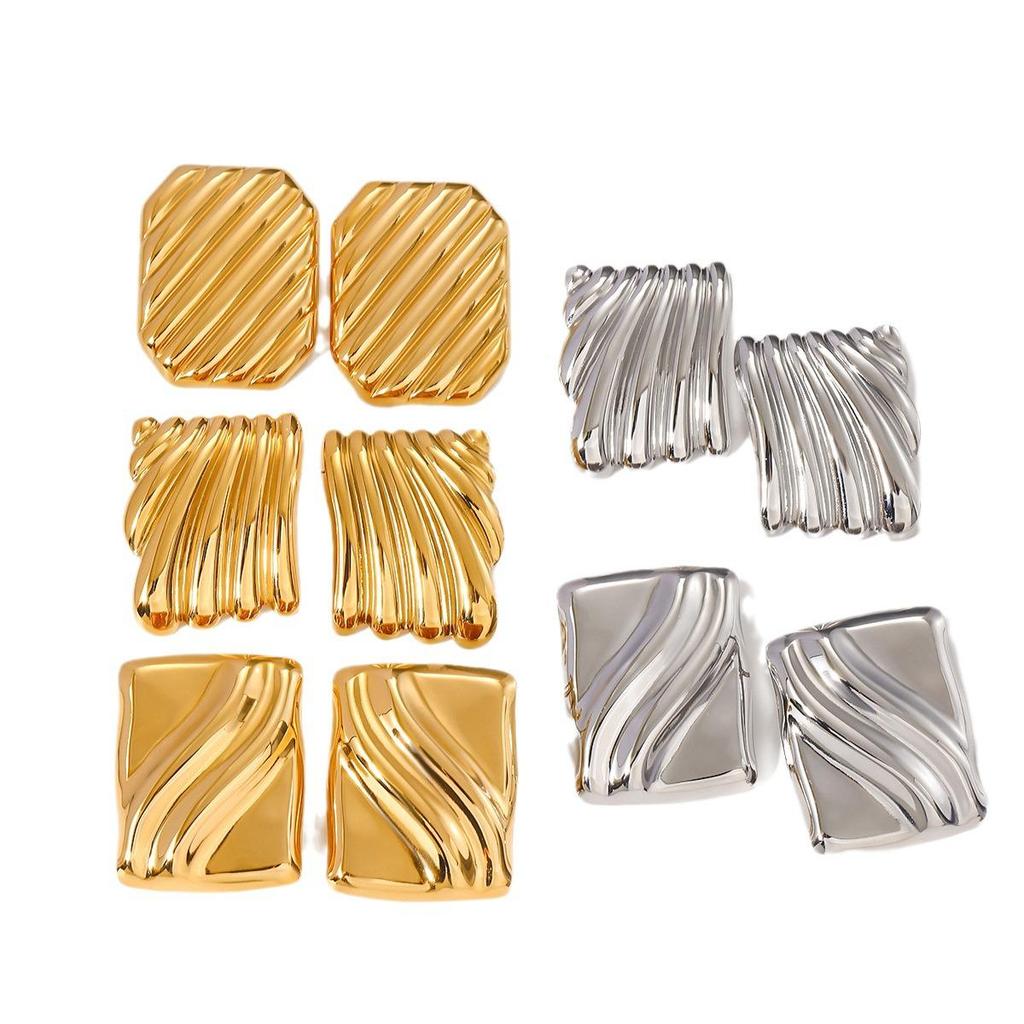18K Gold Stainless Steel Square Wave Texture Earrings - Classic Luxury and Versatile Design
