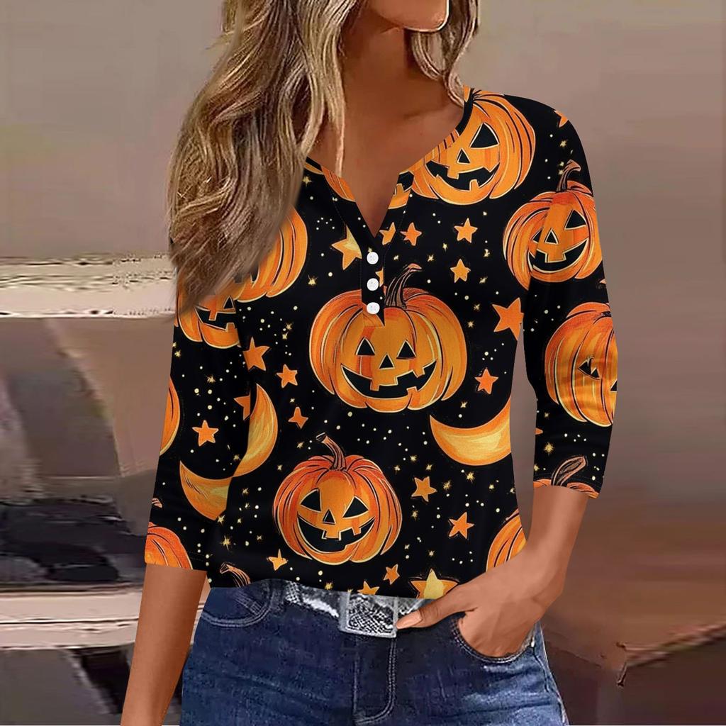Damen Lässige Mode V-Ausschnitt Locker Vielseitig Halloween-Print Dreiviertelarm Oberteil