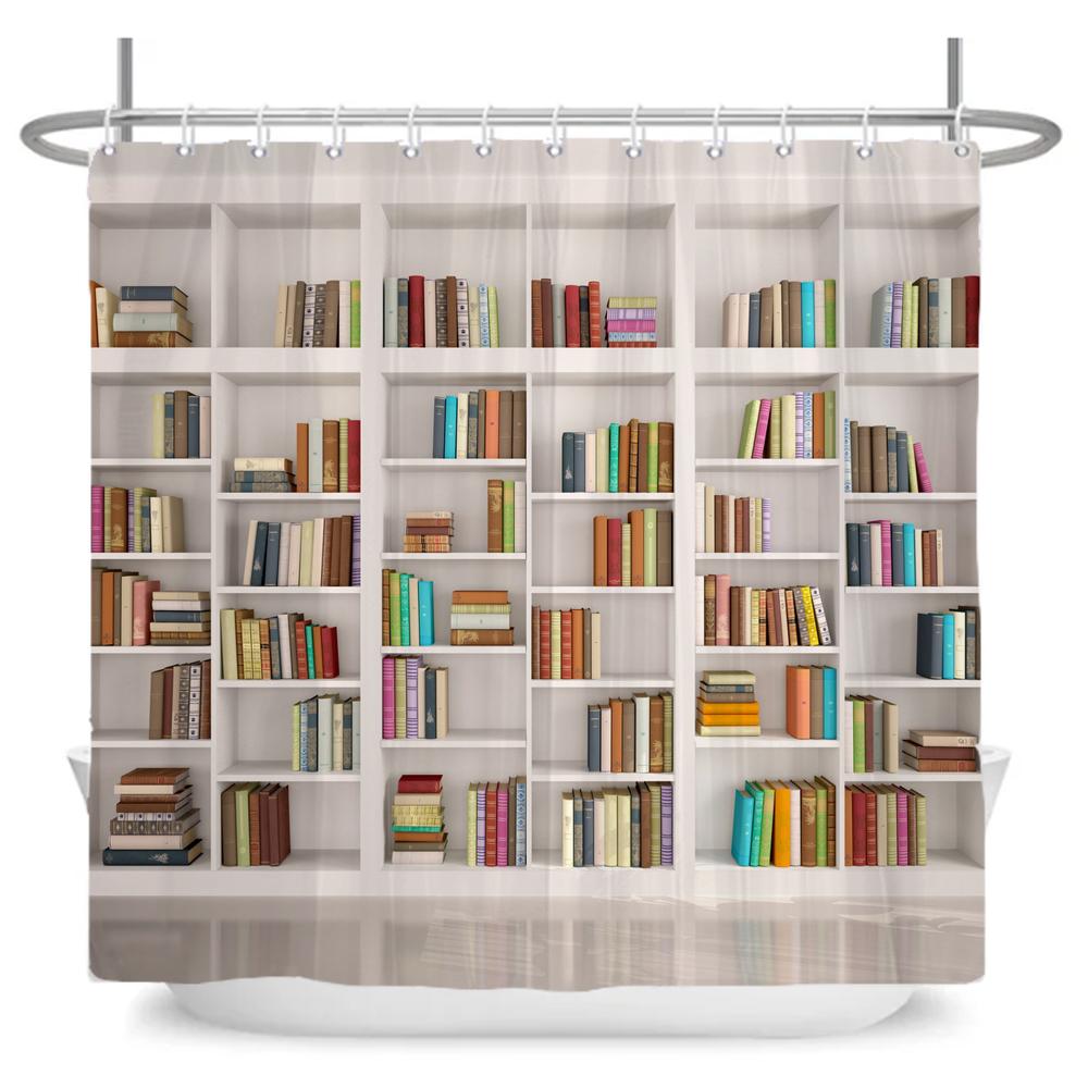 

Книжная полка в стиле ретро, Принт, Занавеска для душа, Водонепроницаемая занавеска для ванной с крючком, Домашний декор, Занавеска, Ткань для стены W120xH180cm