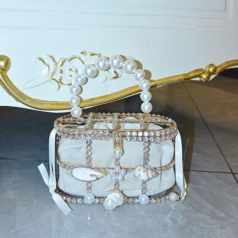 Metal Vegetable Basket Diamond-encrusted Dinner Bag Hollow Pearl Shell High-end Temperament Handbag