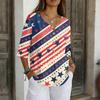 Women's V-Neck Button Three-Quarter Sleeve Casual Independence Day Print Pullover T-Shirt