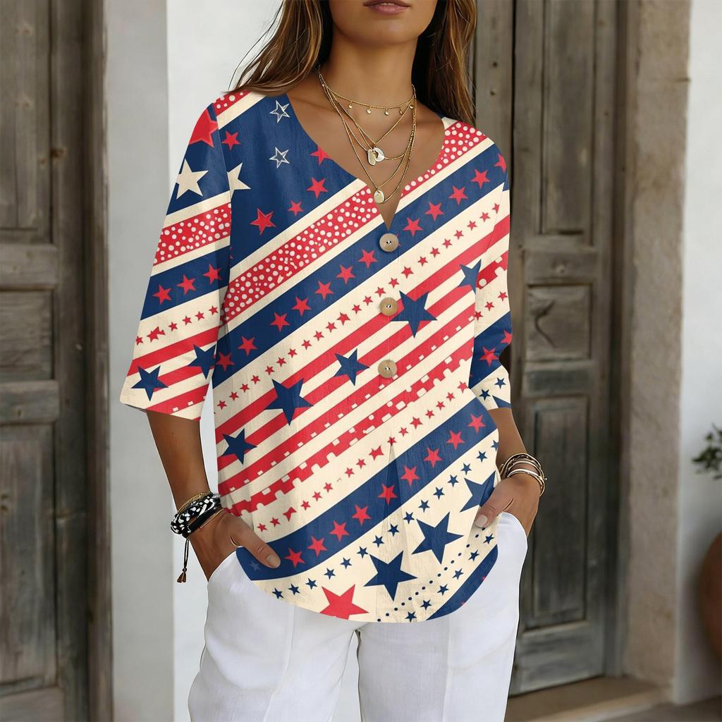 Women's V-Neck Button Three-Quarter Sleeve Casual Independence Day Print Pullover T-Shirt