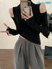 High,neck, Off,shoulder, Hollowed,out Long,sleeved Fitted T,shirt For Women, Stylish Short Top