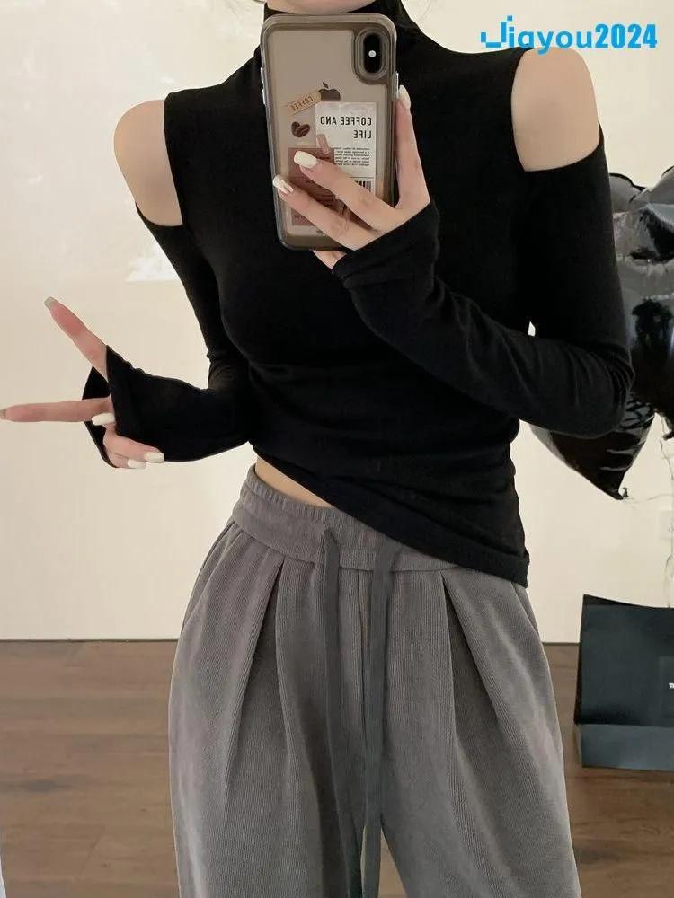 High,neck, Off,shoulder, Hollowed,out Long,sleeved Fitted T,shirt For Women, Stylish Short Top
