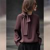 Dames Strikkraag Lange Mouwen Blouse Elegante Kantoor Kleding Chiffon Top