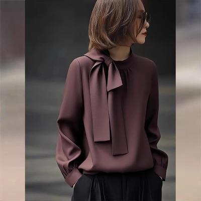 Women's Bow Tie Neck Long Sleeve Blouse Elegant Office Wear Chiffon Top