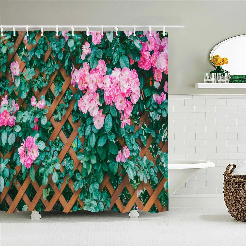 Green Plant Leaves Window Garden Printing Bathroom Shower Curtain Landscape Home Decoration Waterproof Curtain with Hook Curtain