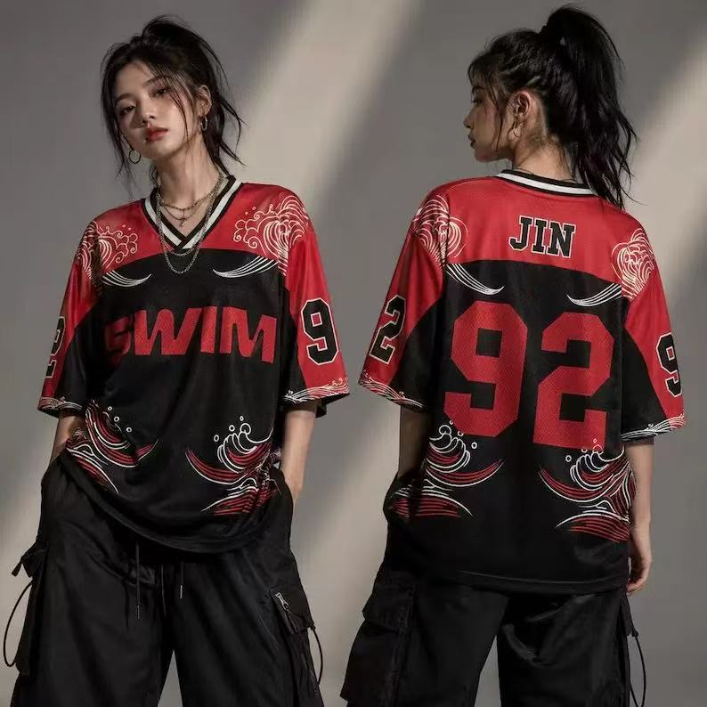 BTS Kpop ARMY 7 V-Neck Mesh Sports Jersey Short Sleeve Red Black Wave Graphic Streetwear Casual Fan Support Athletic Tee Shirt Top