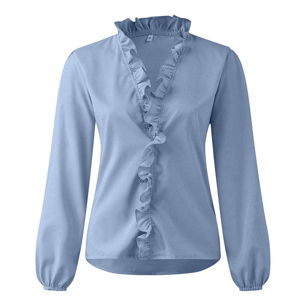 Fashion Woman Temperament Long Sleeve Ruffle Blouse Colour Comfort Shirt