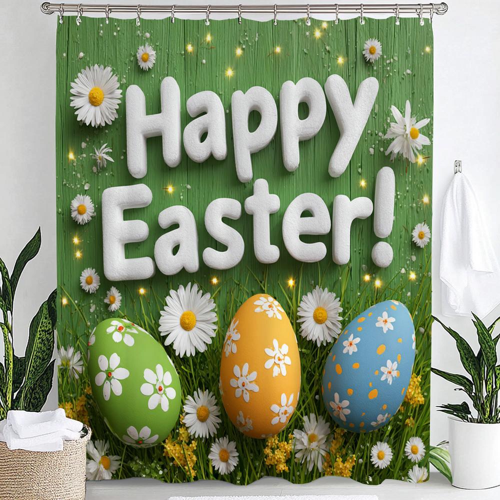 Happy Easter Shower Curtain,Egg and Rabbit Cartoon Printed Polyester Fabric Decorative Bathroom Curtain, Home Curtain with Hooks