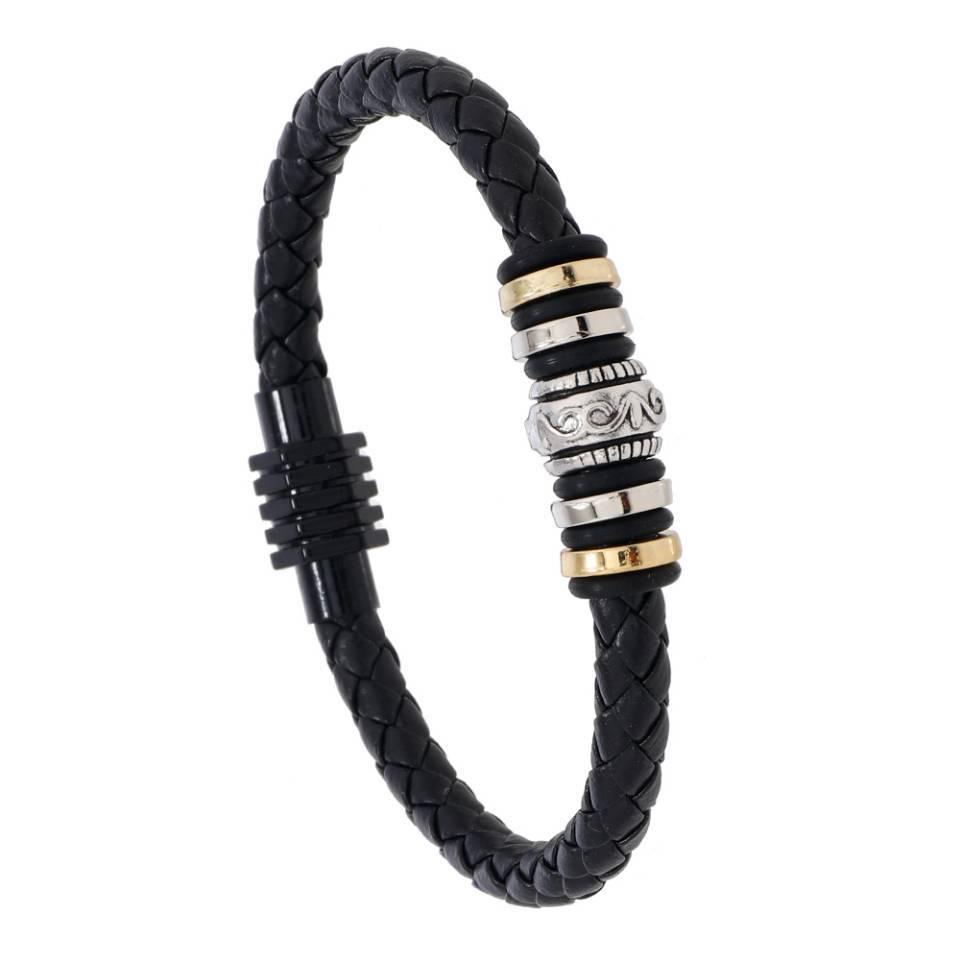 Men s Black Leather Stainless Steel Mantra Bracelet with Magnetic Buckle