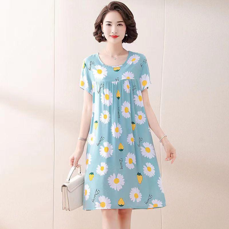 2023 Women's Short Sleeve Cotton Silk Printed Summer Nightdress