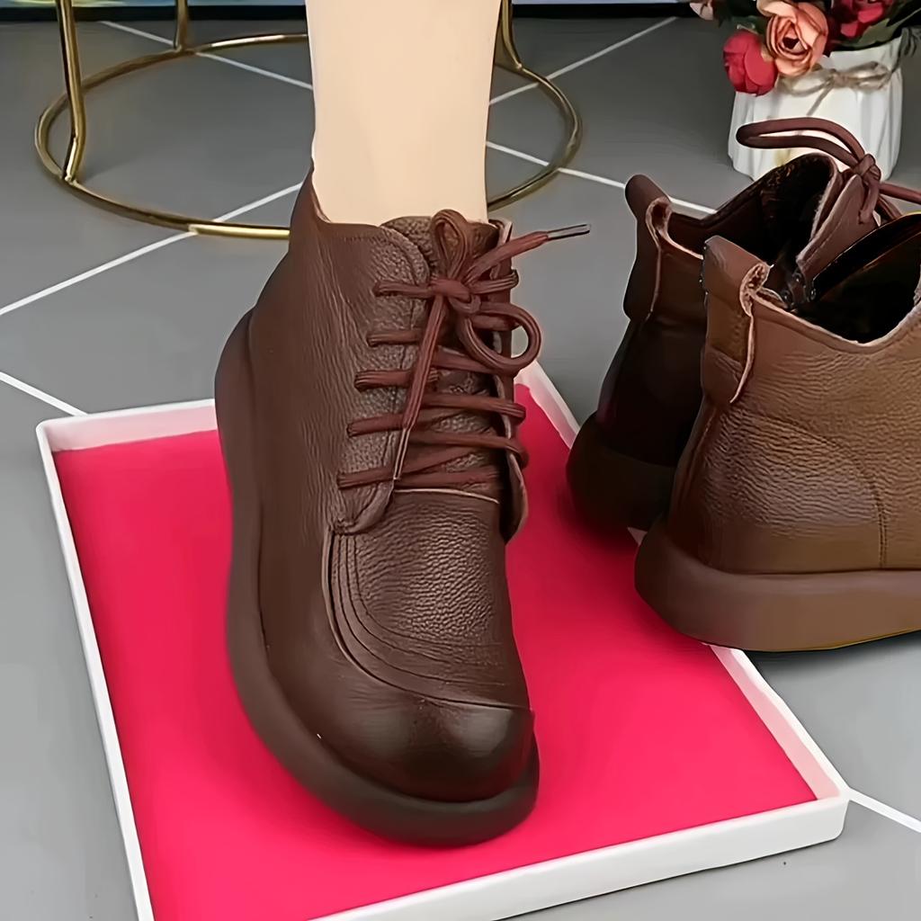 Women's Glossy Faux Cover Round-Toe Ankle Boots with Lace-Up Closure - Chunky Mid-Heel Winter Boots with Arch Support,  Ankle Boots