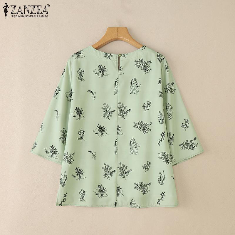 ZANZEA Women Casual Round Neck Loose 3/4 Sleeve Print Blouse
