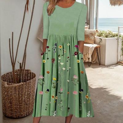 Robe Midi Fluide d'Été pour Femmes Robe Plissée Florale Boho avec Poches Décontractée Manches Mi-Longues Col Ras du Cou Robe Swing