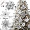 6-24 Stück 15cm Künstliche Weihnachtsblumen mit Clips Stielen, Weihnachtsbaumschmuck Glitzerblume für Girlande Neujahrsparty Dekoration