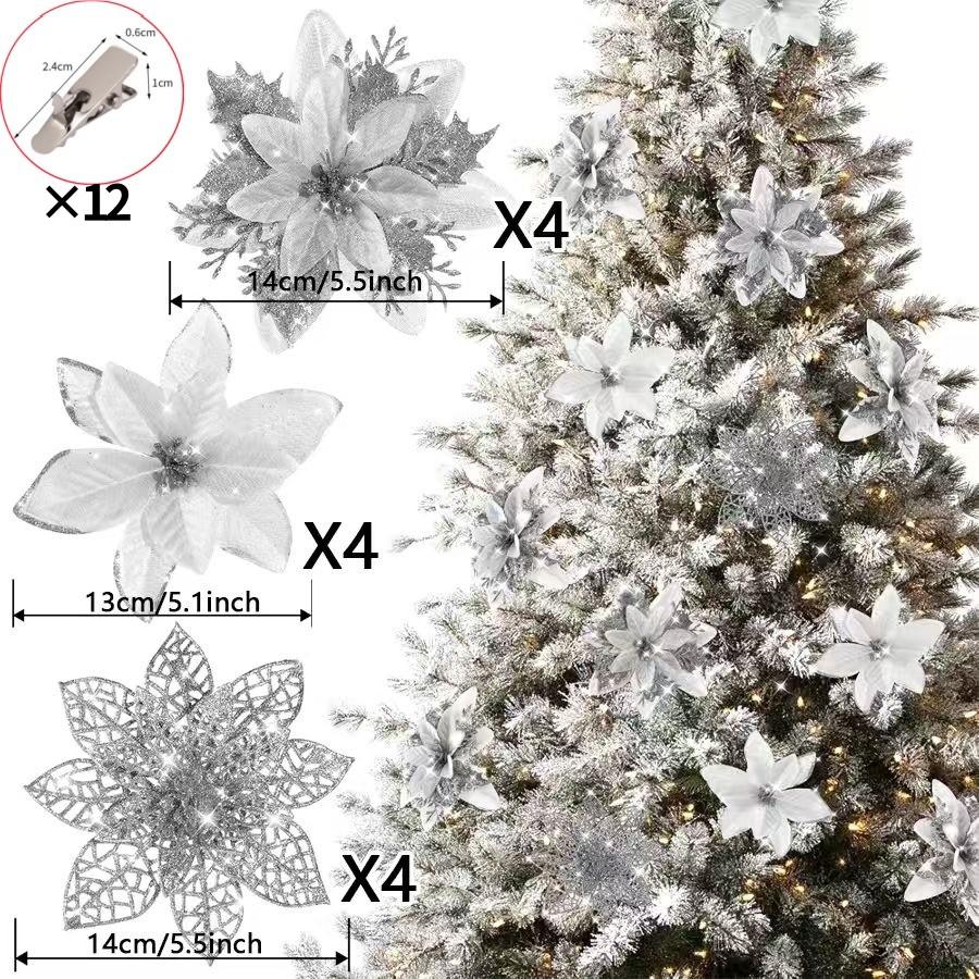 6-24 Stück 15cm Künstliche Weihnachtsblumen mit Clips Stielen, Weihnachtsbaumschmuck Glitzerblume für Girlande Neujahrsparty Dekoration