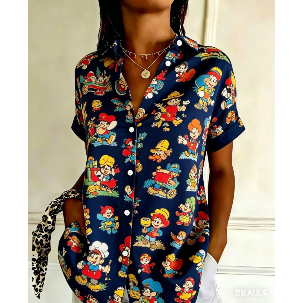 Women's Retro Geometric Striped Printed Button Short Sleeved Shirt with a Lapel Top, Summer Casual Short Sleeved Shirt