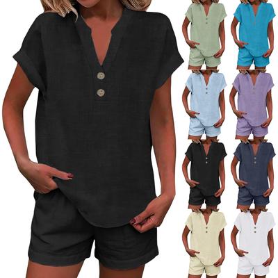 Women's Fashionable Casual Comfortable -Colour V-Neck Buttoned Shorts Two-Piece Set