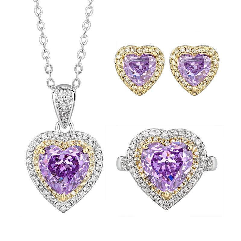 Autumn And Winter Jewelry High Carbon Diamond Ice Flower Cut Purple Diamond Copper Inlaid Heart Set 10 * 10-6 * 6