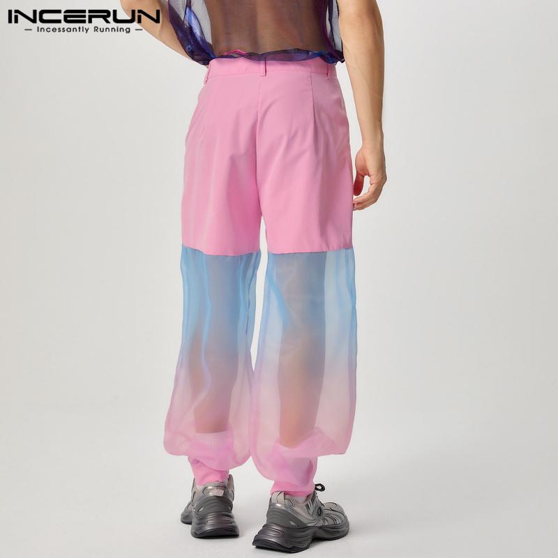 INCERUN Bărbați Degradat Tie Dye Mesh Patchwork Pantaloni Talie Înaltă Pantaloni Transparenti
