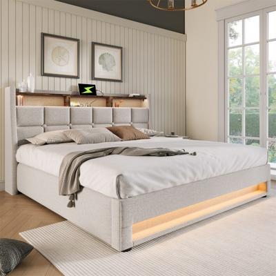 Upholstered Bed with USB 180x200cm, LED Double Bed with Slatted Metal Frame, Bed Frame Made of Linen Material Youth Bed (without Mattress)