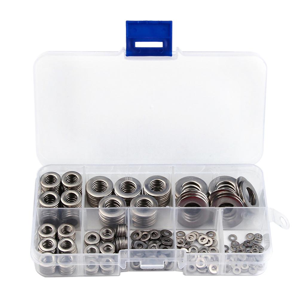 Stainless Steel Flat Washers Assortment, 360 Pieces, 8 Sizes, Kit with Storage Box, Portable for  , Home Repair Workshop, General Use