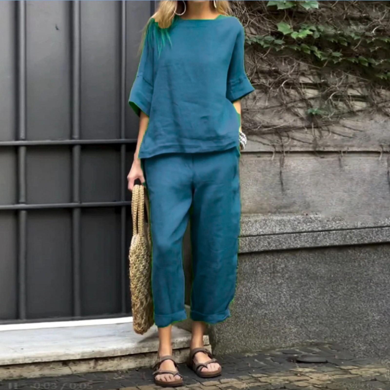 

Женский однотонный повседневный хлопковый льняной комплект с рукавами 3/4 и круглым вырезом, топ и брюки XXL тёмно-синий