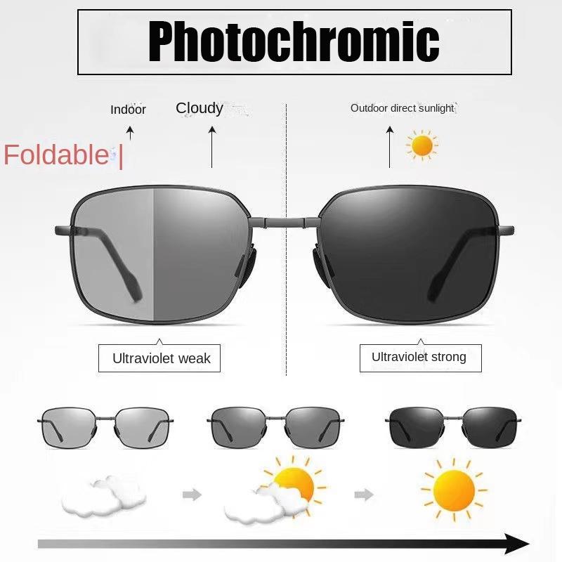 Folded Square Sunglasses Men Photochromic Shading Metal Outdoor Polarized Driving Sun Glasses