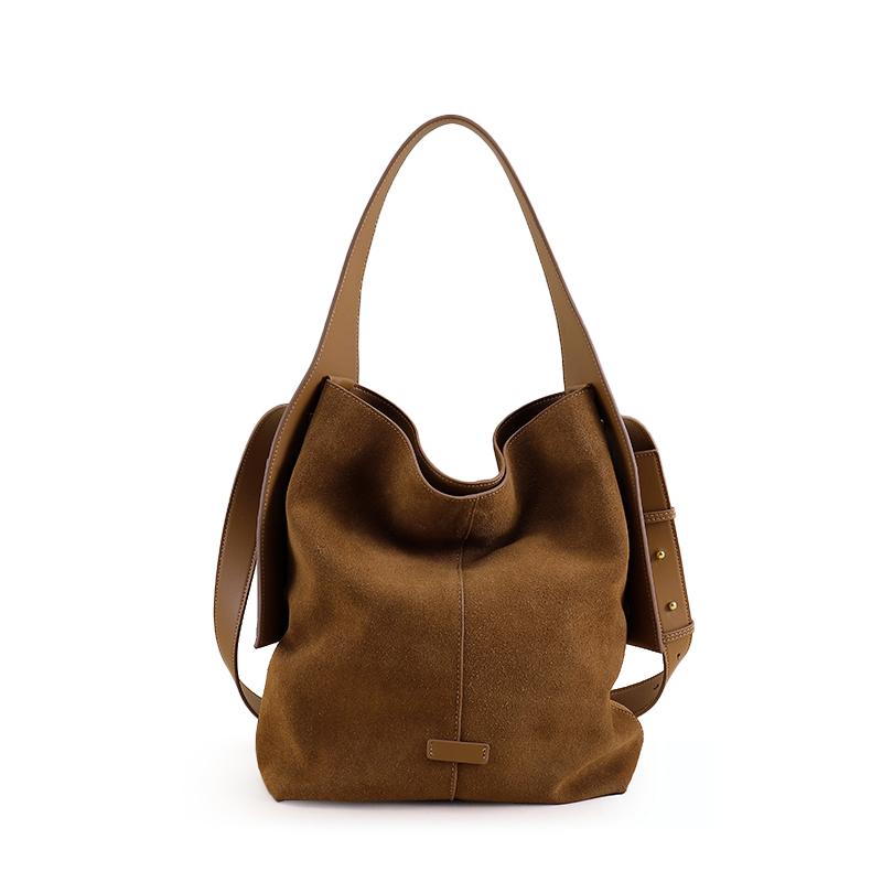 Коричневая замшевая сумка-тоут для женщин Мягкая сумка через плечо из искусственной кожи с двойными ручками Повседневный стиль золотисто-коричневый 9290₽