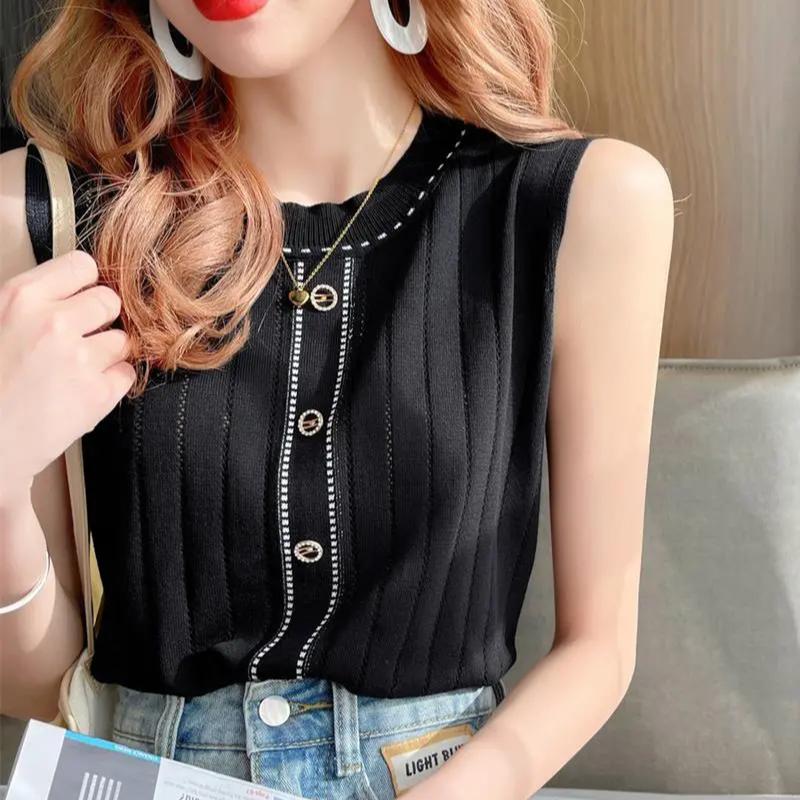 WTEMPO Versatile O-Neck Sleeveless Knitted Tank Tops with Buttons Women's Spring Summer Large Size Solid Color Casual Camisole Vests
