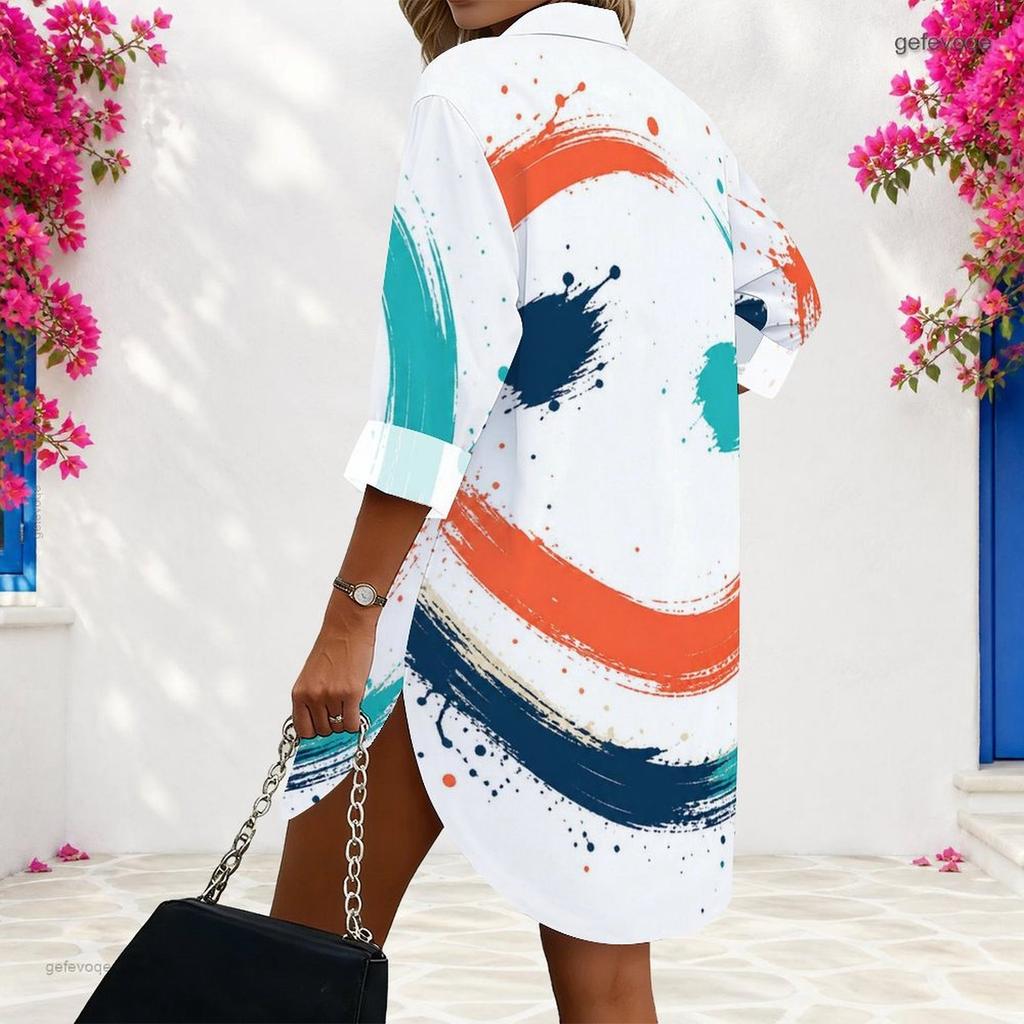 Women Plus Size Collared Long Sleeve Printed Button Front Curved Hem Shirt Dress