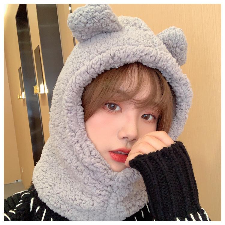 Cute Bear Ears Beanies Women Winter Head Hood Scarf Hat Cap Thicken Cozy Warm Bonnet Female Lamb Balaclava Riding Bobble Hat
